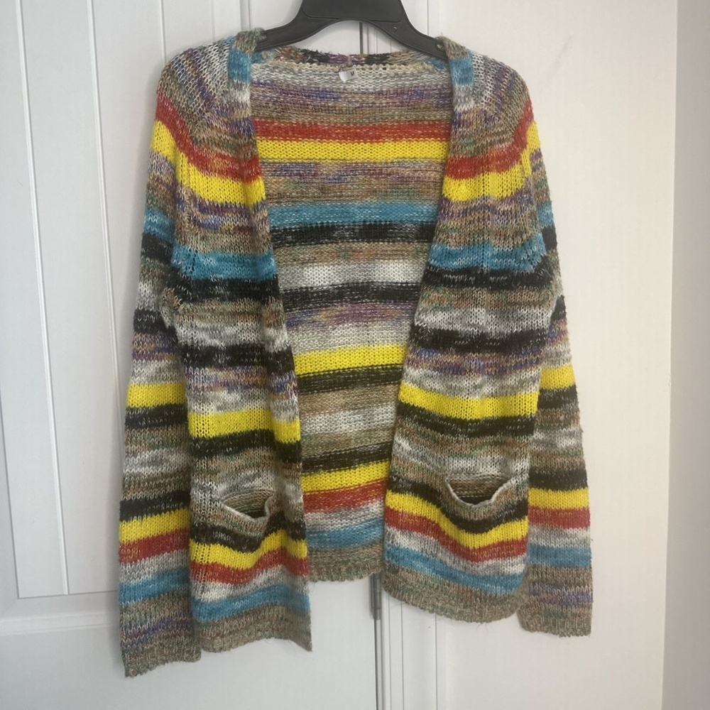 Stripe Multicolor Knit Cardigan Size M Open Front Wool Blend Pockets Unbranded
